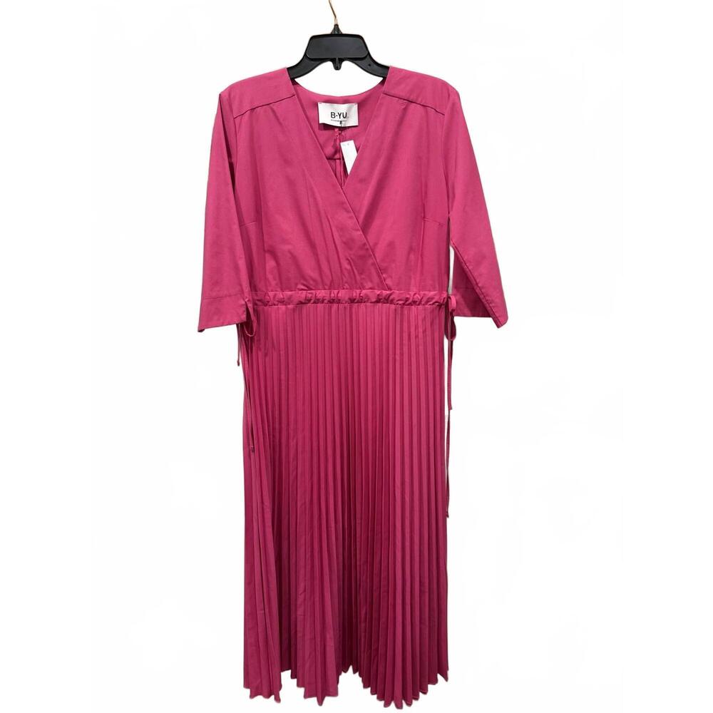 NEW B-YU women's pleated three quarter dress in fushia